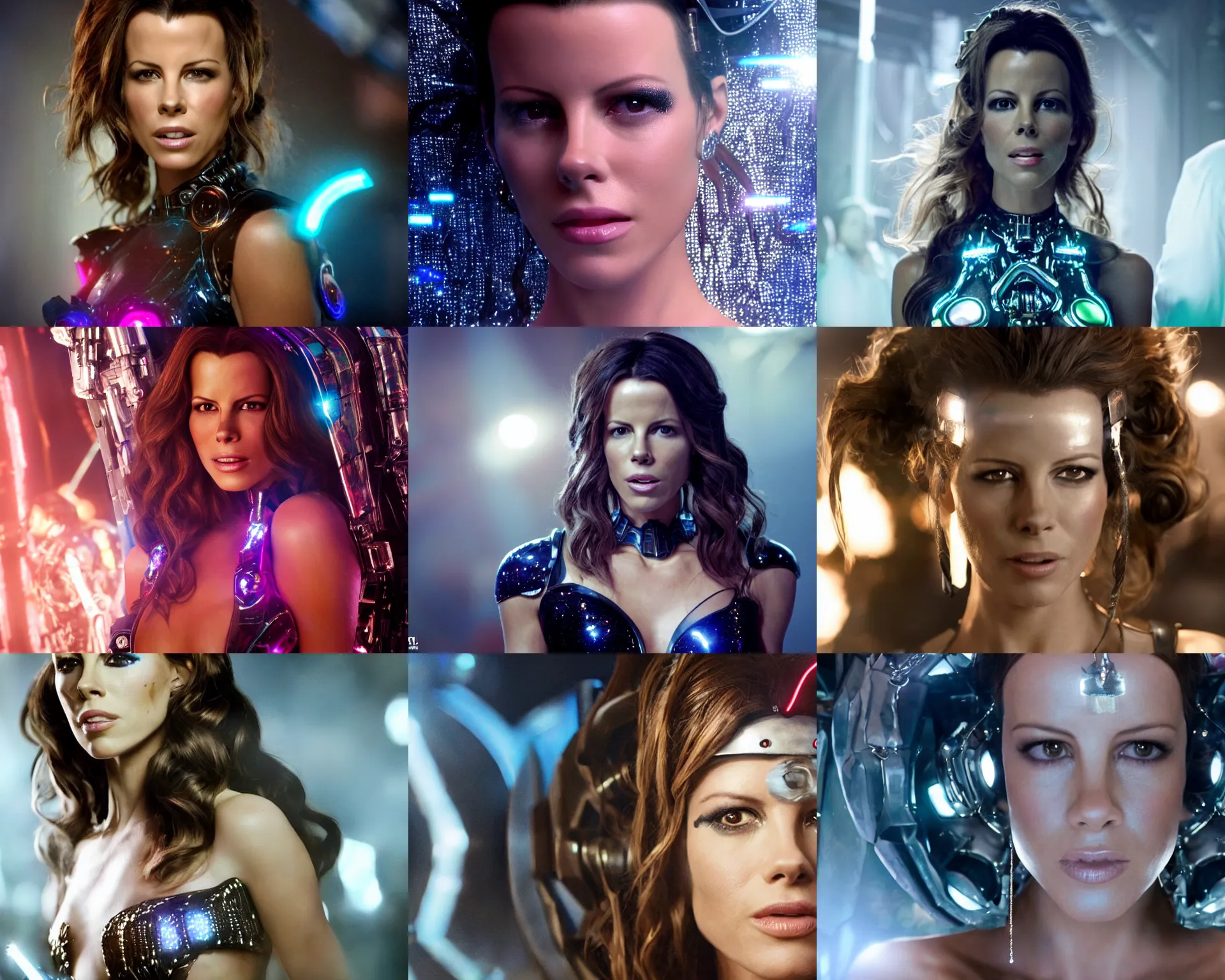 Prompt: JJ Abrams movie still of Kate Beckinsale as a pearlescent shiny cyborg young woman looking at the camera :: artsy bold costume design, hair worn up, rave girl makeup, elaborate oled jewelry, rave girl outfit, :: trending on artstation, morning, ue5, sci-fi, epic digital concept art, smooth, :: nixri, Greg rutkowski, wlop, ::