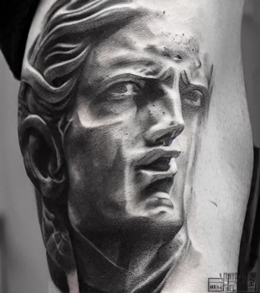 Image similar to tattoo design sketch of the statue of david broken, in the style of den yakovlev, realistic face, black and white, realism tattoo, hyper realistic, highly detailed