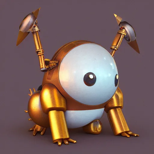 Prompt: a small chubby bot, smooth panelling, one large gold eye intricate detail, style of pokemon, with damaged rusty arms, broken antenna, recycled, floating, white studio, oil, mechanical, toy, ambient light, in the style of pixar animation, pokedstudios, blender, octane render, 8 k,