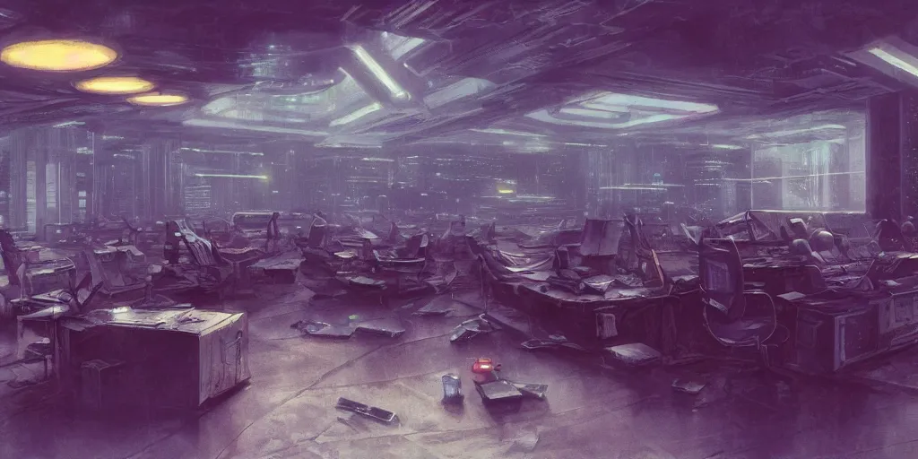 Image similar to a dystopian cyberpunk office interior with huge holographic displays everywhere, ralph maquarrie and giger and syd mead cinematic matte painting, 4 k