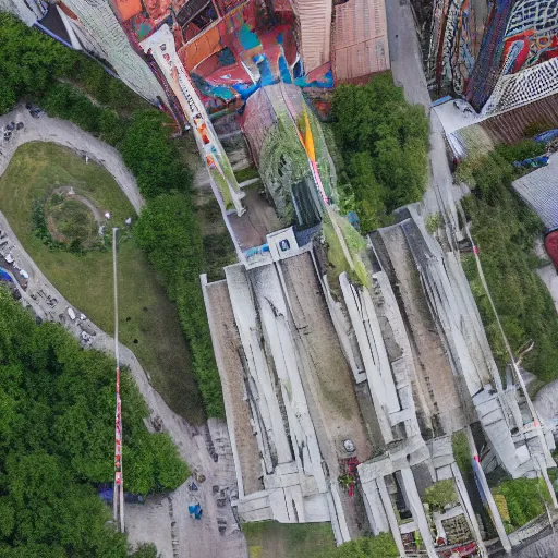 Image similar to aerial view of brutalist monument ( ( ( ( park ) ) ) ) spomenik, ( ( railings ) ), photo, 4 k