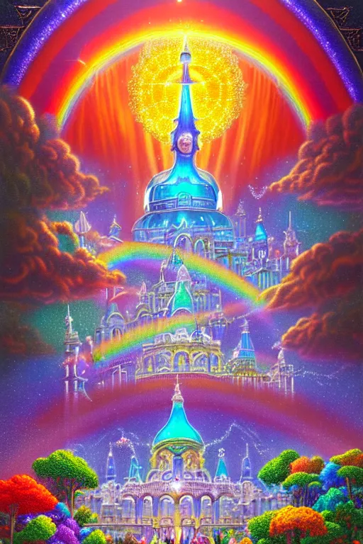 Prompt: a photorealistic detailed cinematic image of a beautiful vibrant iridescent future for human evolution, spiritual science, divinity, utopian, prismatic cumulus clouds, ornate architecture, isometric palace, ornate intricate embellished kingdom. night garden magic, rainbow holographic jewels and sparkling diamonds, by david a. hardy, kinkade, lisa frank, wpa, public works mural, socialist