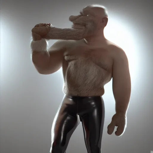 Image similar to 3 5 mm photo of a hairy chested popeye the sailor man wearing leather gear in the style of tom of finland, full body, ultra high detailed, glowing lights, oil painting, unreal 5, daz, hyperrealistic, octane render, rpg portrait, dynamic lighting, fantasy art, beautiful face