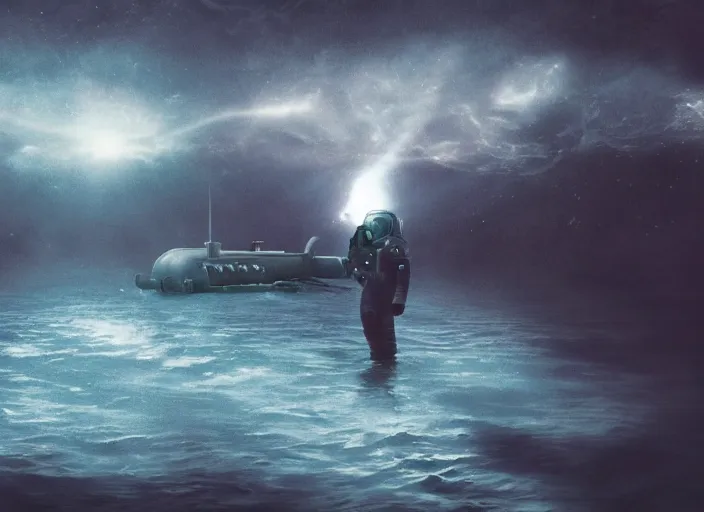 Image similar to astronaut holding a flag in an underwater desert. a submarine is visible in the distance. dark, concept art, cinematic, dramatic, atmospheric, 8 k, trending on artstation, blue, fish, low visibility, fog, ocean floor, christopher nolan, interstellar