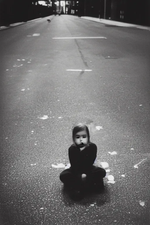 Image similar to photo polaroid of sad and lonely child in the middle of an empty street in a big city, photorealistic, 35mm film, black and white, polaroid,