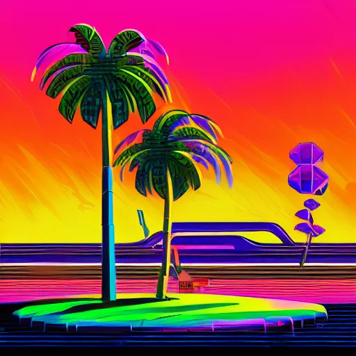 Image similar to Retrofuturistic landscape, retrowave, synthwave, palm tree, colorful, digital painting, album cover