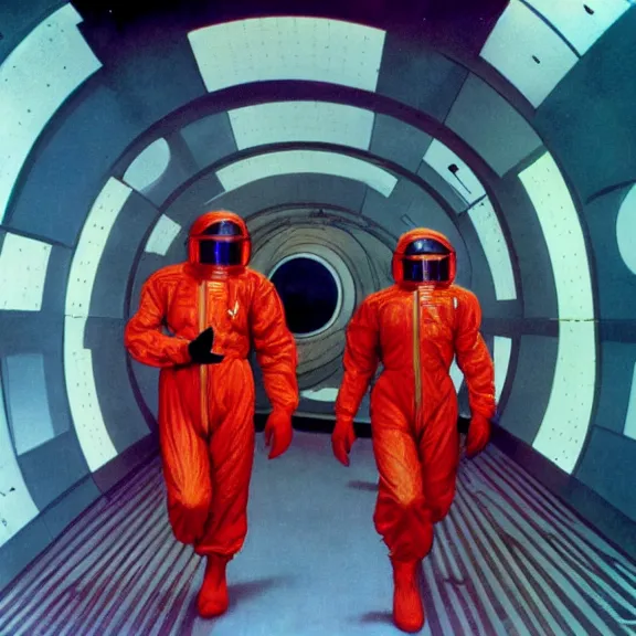 Prompt: two scientists wearing red hazmat suits, entering the geometric neon crystal hyperspace gateway by frank frazetta