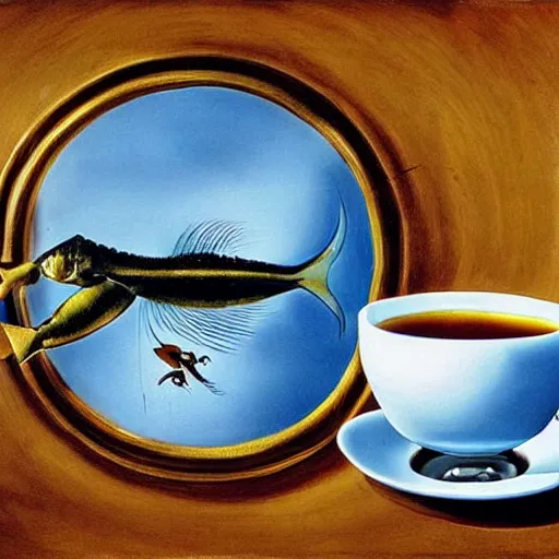 Image similar to a real fish is drinking from a cup of tea, photorealism, by salvador dali