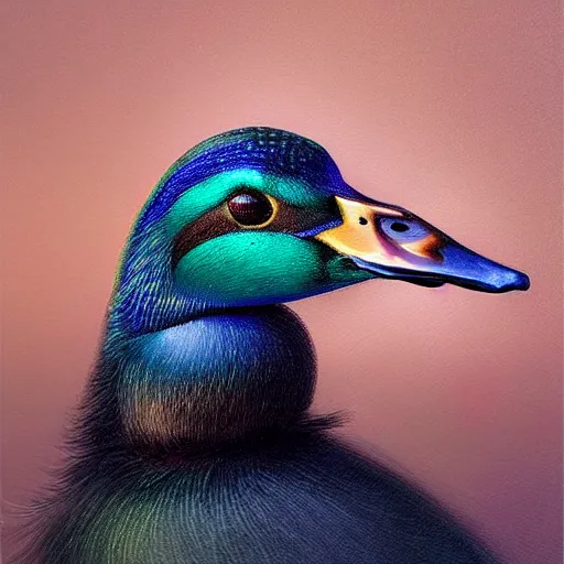 Image similar to hyperrealistic mixed media high resolution painting of a mallard with proportional human extremities, stunning 3d render inspired art by István Sándorfi and Greg Rutkowski, perfect symmetry, dim volumetric lighting, 8k octane beautifully detailed render, post-processing, extremely hyper-detailed, intricate, epic composition, highly detailed attributes, highly detailed atmosphere, cinematic lighting, masterpiece, trending on artstation, very very detailed, masterpiece, stunning, flawless structure, lifelike texture, perfection,