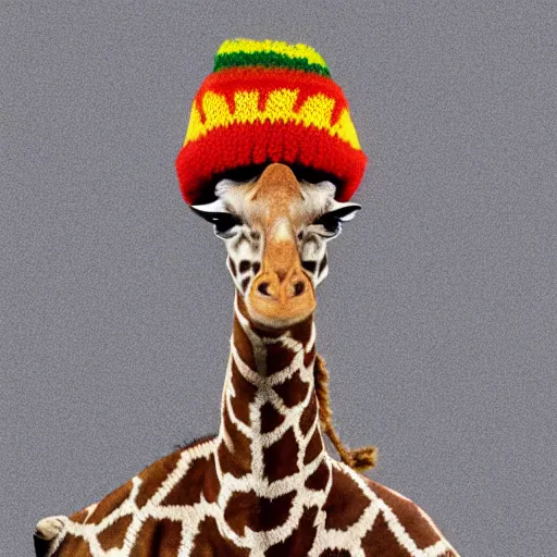 Image similar to A full shot of a giraffe with a knitted Rastafarian hat, dreadlocks, 8k