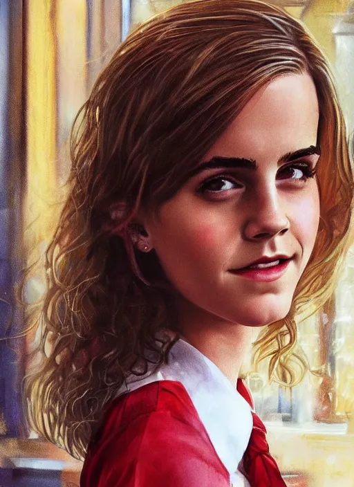 Image similar to portrait of teenage emma watson, long haircut, flowing blonde curly hair, white shirt, red tie, smiling kindly, soviet house at background, 1 9 8 0 s, intricate, elegant, glowing lights, highly detailed, digital painting, artstation, concept art, smooth, sharp focus, illustration, art by wlop, mars ravelo and greg rutkowski