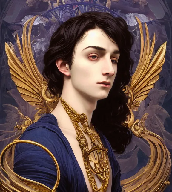 Prompt: portrait of a god of death, young male, in the underworld, elegant dark blue dress, very detailed, throne, very intricate details, jewelry, gold eyes, elaborate long black hairstyle, wings, cinematic, artstation, william bouguereau, alphonse mucha, greg rutkowski, rossdraws, octane render