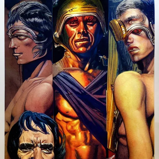 Prompt: detailed details photorealistic gods vs titan in the style of bob peak and alex ross and robert mcginnis and poggi roberto and moebius and jean giraud, gouache and wash paints color, detailed details facial and body and human and environments and proportionate, detailed 5 k details.