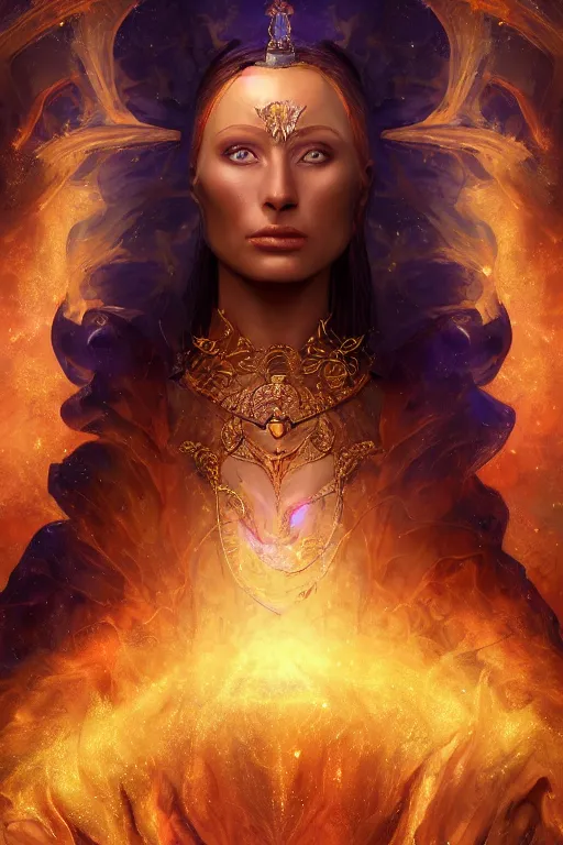 Prompt: fantasy character concept portrait, digital painting, wallpaper of the priestess of night, cosmic colors, with skin of obsidian, with veins of magma and gold, renaissance nimbus overhead, by aleksi briclot, by laura zalenga, by alexander holllow fedosav, 8 k dop dof hdr, vibrant