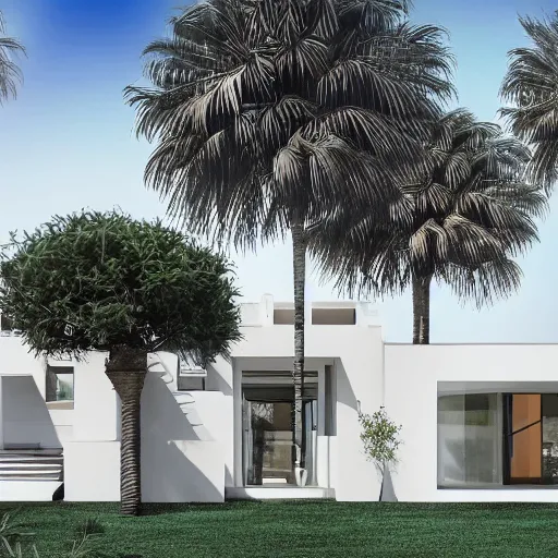 Prompt: Front elevation of a modern house, los angeles, palm trees, graphite on sketch paper