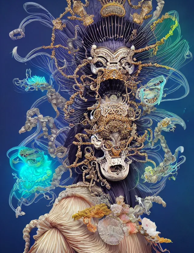 Image similar to goddess macro close - up portrait with crown, ram skull. beautiful intricately detailed japanese crow kitsune mask and clasical japanese kimono. betta fish, jellyfish phoenix, bioluminescent, plasma, ice, water, wind, creature, artwork by tooth wu and wlop and beeple and greg rutkowski