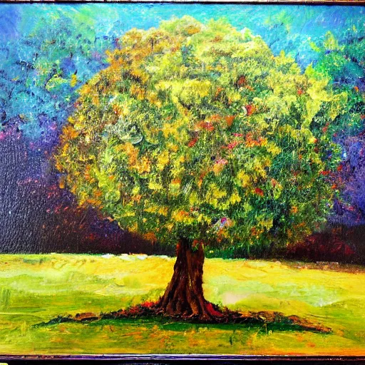 Image similar to a giant tree in the middle of a park, oil painting