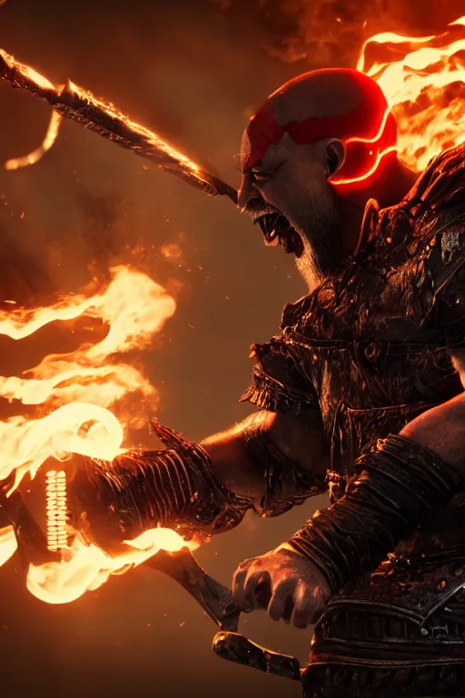 Image similar to red left eye stripe, armored screaming kratos rocking out on a flaming stratocaster guitar, cinematic render, god of war 2 0 1 8, playstation studios official media, lightning, flames, clear, coherent