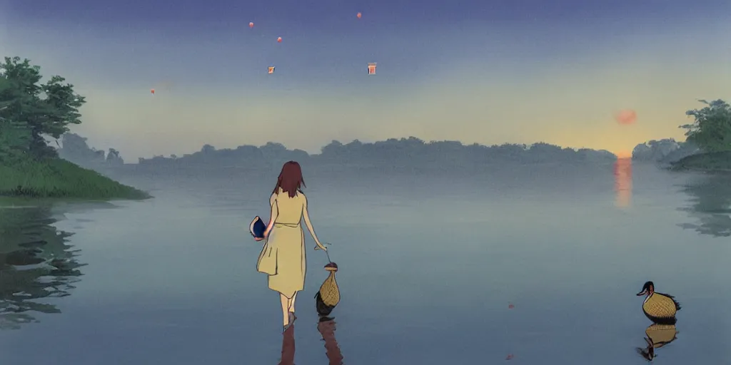 Image similar to A medium shot painting of a beautiful girl walking by the lake while holding her pet Green Head Mallard Duck, with paper lanterns rising in the sky, dusk, by Studio Ghibli