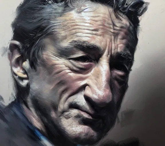 Image similar to a hyper-detailed sketch of Robert DeNiro by Craig Mullins; oil on canvas; trending on artstation