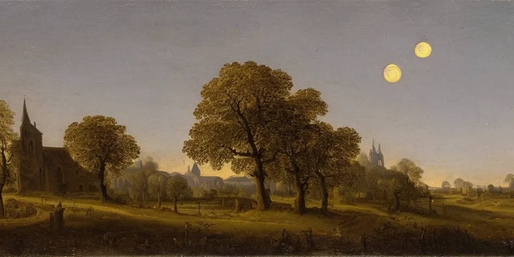 Prompt: a beautiful landscape painting of a giant tree next to a church in the fields, night time moonlight, by jan van goyen, oil on canvas, highly detailed, hd, 4 k