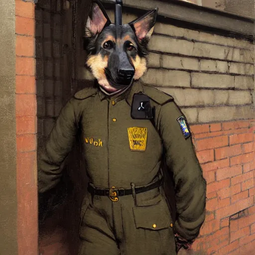 Prompt: new york city portrait of furry anthro anthropomorphic german shepard head animal person fursona wearing clothes police uniform in the alley, sunny day, digital art by Nerdrum John, William Waterhouse, Winslow Homer, Alex Heywood, Jordan Grimmer, Darren Quach, Greg Rutkowski, Simon Stalenhag, trending on Artstation, CGSociety