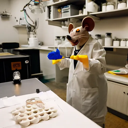 Prompt: professor mouse in his lab, with cheese vials lying around the tables