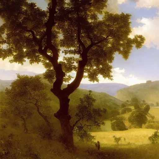 Image similar to an oak tree and a pheasant near poynings and the south downs by william - adolphe bouguereau