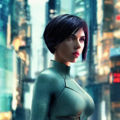 Prompt: a beautiful medium - shot still of scarlett johansson as the major motoko kusanagi from ghost in the shell, cyberpunk style, looking off into the distance, motoko kusanagi hair style, black hairs, ultra realistic, soft, blue hour, soft neons light from night city falling on her face. focus on her eyes and brows. by annie leibowitz