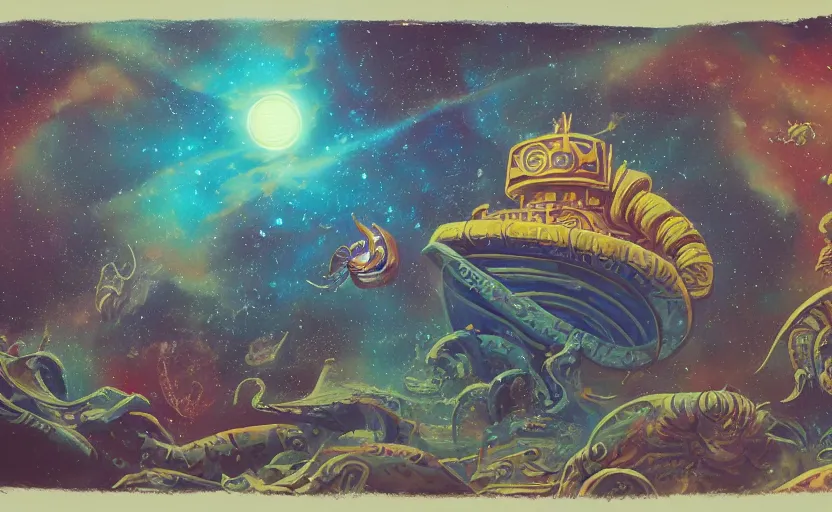 Prompt: painting of ornate space ship, nebulae background, nautilus, shell, space jammers, art deco, d & d, dust, sun, 4 0 k warhammer, shrimp, prawn