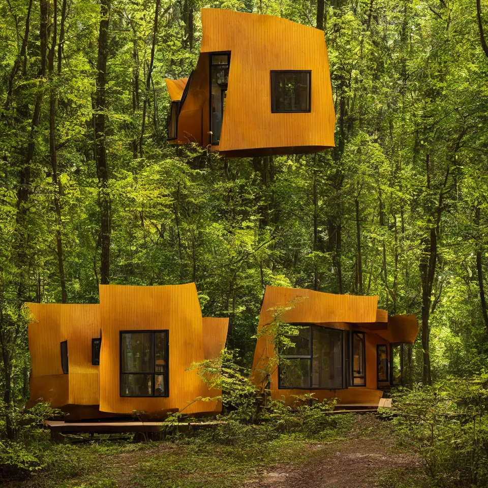 Image similar to a tiny horizontal house in a forest, designed by Frank Gehry. Big tiles. Small wooden pathway . Film grain, cinematic, yellow hue
