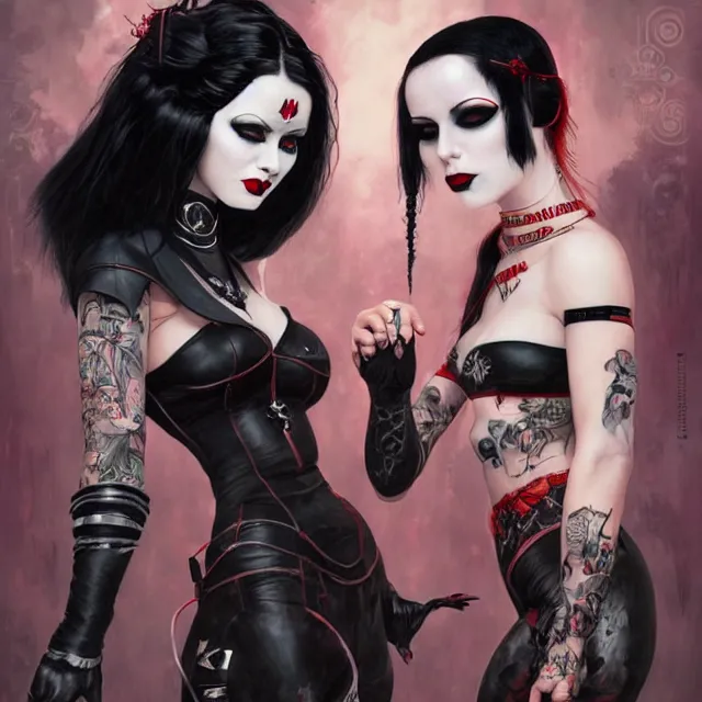 Image similar to two beautiful goth girls fighting slavery cosplay with black hair in fully tattooed body and clothes fully on, big red lips, black eye makeup, art by gennady ulybin and wlop and stanley lau and artgem and magali villeneuve and karol bak, trending on artstation