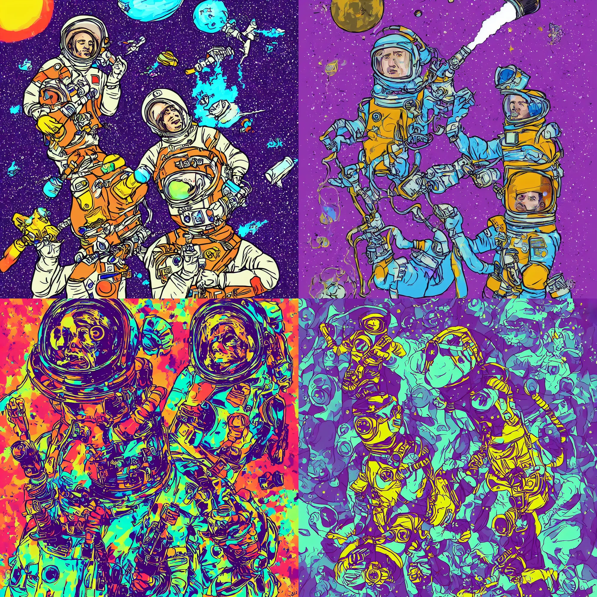 Prompt: psychedelic cosmonaut smoking from a bong in the style of david nakayama and Tyler smith