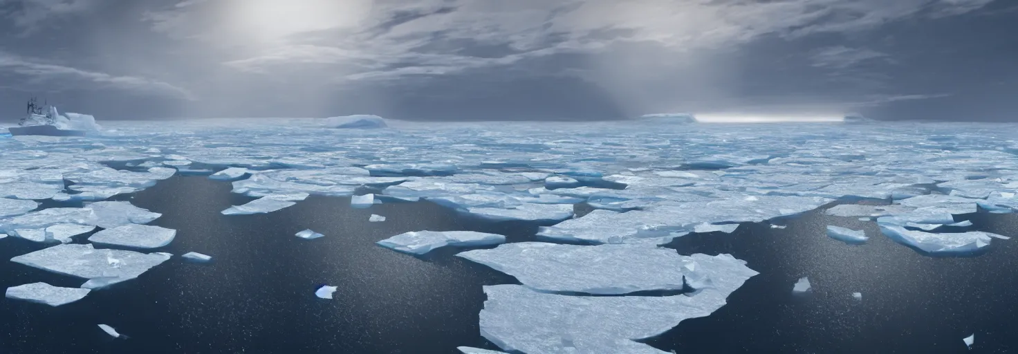 Prompt: A large ship sailing in the mother Arctic, with the ice floe cracking and icebergs surrounding it, cinematic lighting, extremely detailed, ultra realistic, trending on artstation, 8K