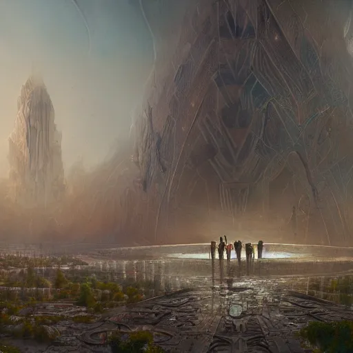 Image similar to the tarnished discovers the ruins of an artdeco city in the lands between, matte painting, detailed, elden ring, oil on canvas, by beeple