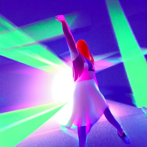 Prompt: a person on a stage with their arms in the air, a hologram by yasutomo oka, featured on pixiv, holography, seapunk, anime, glowing lights.