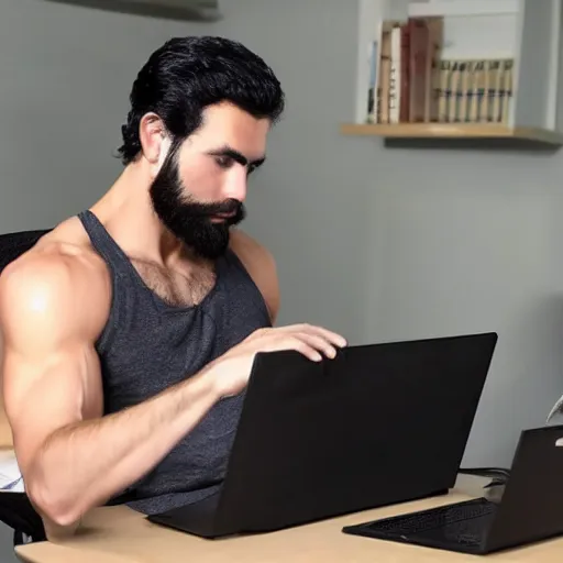 Image similar to a chad with wavy black hair and a beard. muscular. godlike. tank top. using a computer.