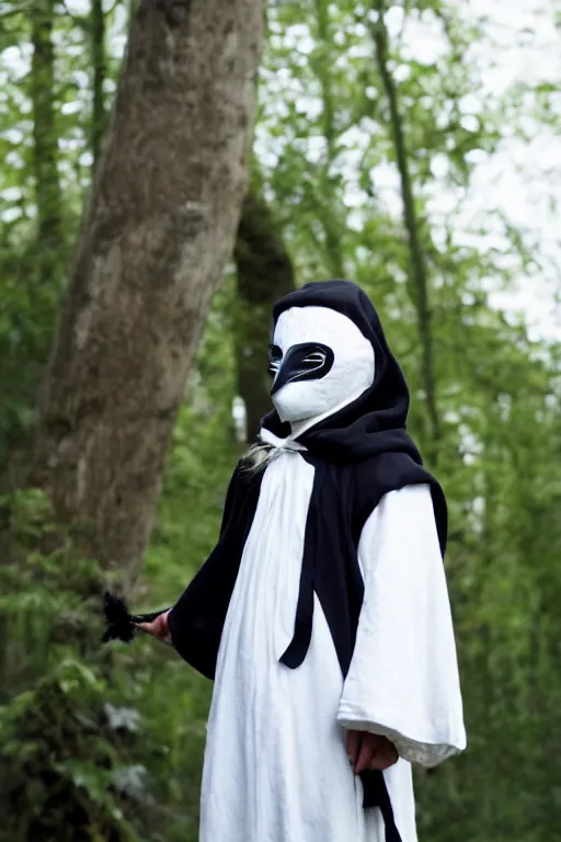 Prompt: a young adventurer wearing a white bird mask and a black cloak.