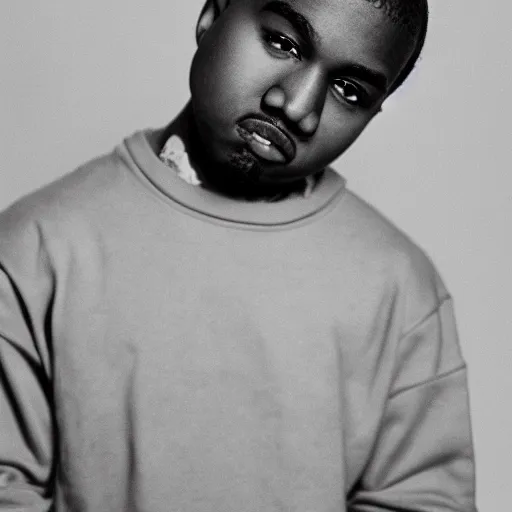 Prompt: the face of young kanye west wearing yeezy clothing at 2 0 years old, black and white portrait by julia cameron, chiaroscuro lighting, shallow depth of field, 8 0 mm, f 1. 8