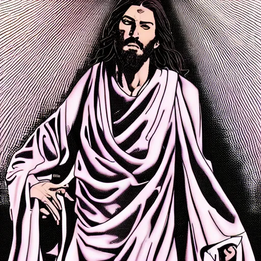 Image similar to jesus by hirohiko araki and moebius