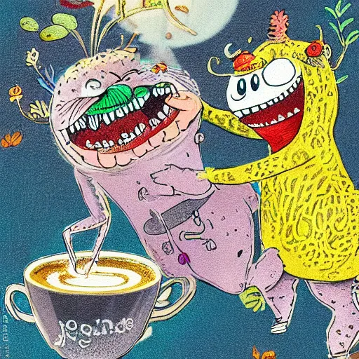 Prompt: highly detailed illustration of friendly monsters laughing and dancing around beautiful warm cups of coffee, amongst coffee beans and flowers, and rainbows in the style of Japanese illustration, Maurice Sendak, Tove Jansson