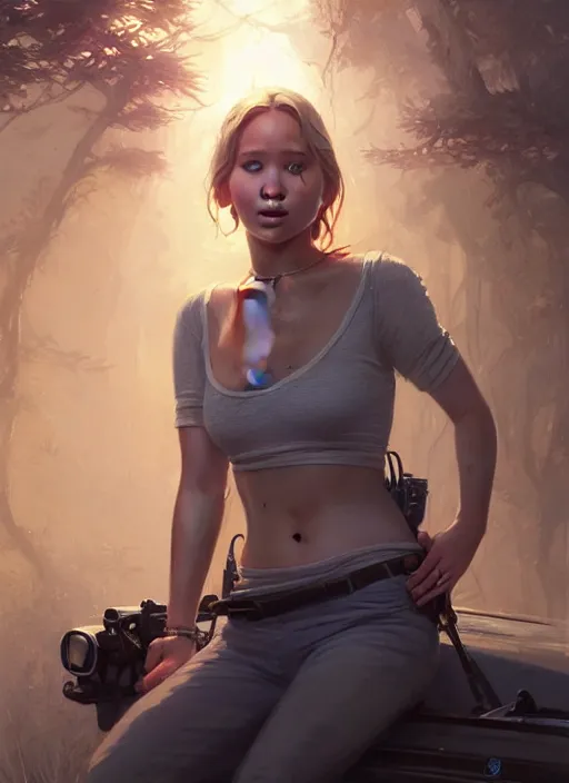 Image similar to highly detailed portrait of jennifer lawrence in gta v, stephen bliss, unreal engine, fantasy art by greg rutkowski, loish, rhads, ferdinand knab, makoto shinkai and lois van baarle, ilya kuvshinov, rossdraws, tom bagshaw, global illumination, radiant light, detailed and intricate environment