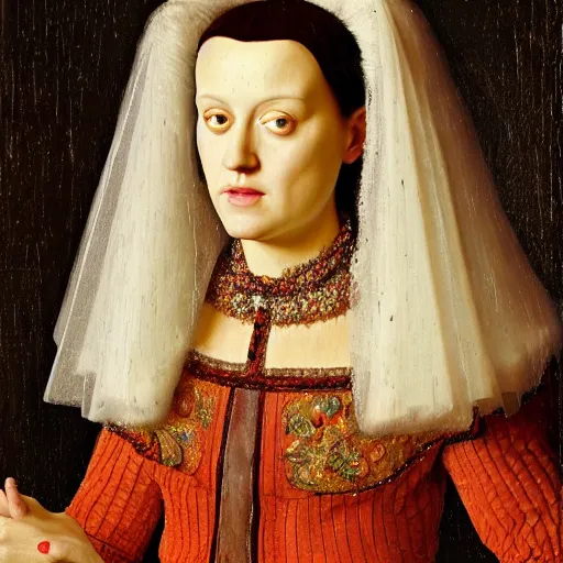 Prompt: portrait of katy perry, oil painting by jan van eyck, northern renaissance art, oil on canvas, wet - on - wet technique, realistic, expressive emotions, intricate textures, illusionistic detail