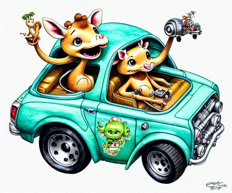 Image similar to cute and funny, baby giraffe riding in a tiny hot rod with oversized engine, ratfink style by ed roth, centered award winning watercolor pen illustration, isometric illustration by chihiro iwasaki, edited by range murata, tiny details by artgerm and watercolor girl, symmetrically isometrically centered