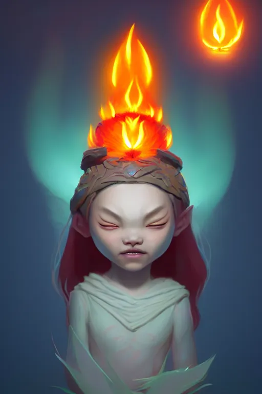 Image similar to super cute Bioluminescent Fire deity character concept, single head, no double head, soft light, soft mood, realistic body features and face, illustration, painting oil on canvas by Elena Zhurikhina and Goro Fujita and Charlie Bowater, octane render trending on artstation, 4k, 8k, HD