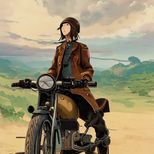 Image similar to anime style, panoramic view, a girl riding a motorbike, vintage, soldier clothing, battlefield in background, hair down, symmetrical facial features, realistic hands, from arknights, hyper realistic, 4 k, extreme detail, trending artstation, safebooru, realistic lighting, by alphonse mucha, greg rutkowski, sharp focus