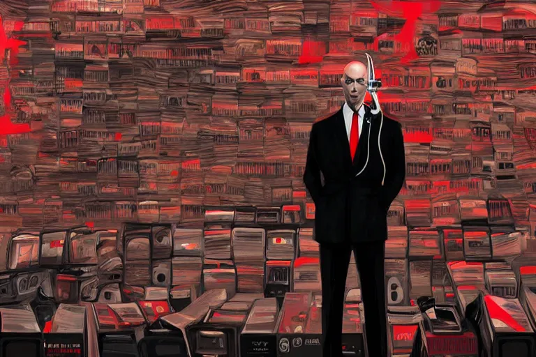 Prompt: an expressive portrait of agent 4 7 from hitman wearing headphones standing in front of a wall of vinyl records, dark background, red rim light, digital art, artstation, concept art by giger stalenhag