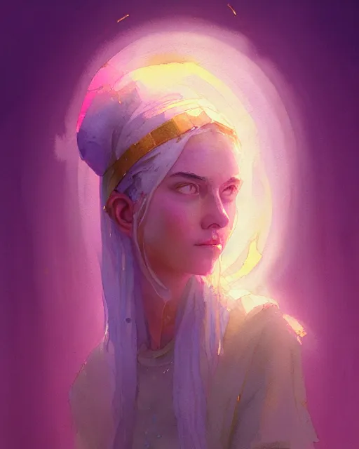 Image similar to pastel watercolor portrait of a lavender priestess, artgerm, artstation, radiant halo of light, gilding, ismail inceoglu