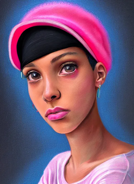 Image similar to portrait of teenage vanessa morgan with bright pink hair, black girl, curly pixie cut hair, wearing newsboy cap, pink short haircut, newsboy cap, hoop earrings, blue eyes, intricate, elegant, glowing lights, highly detailed, digital painting, artstation, concept art, smooth, sharp focus, illustration, art by wlop, mars ravelo and greg rutkowski