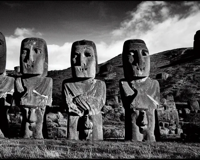 Image similar to black and white noir film. moai as lords of cannabis.